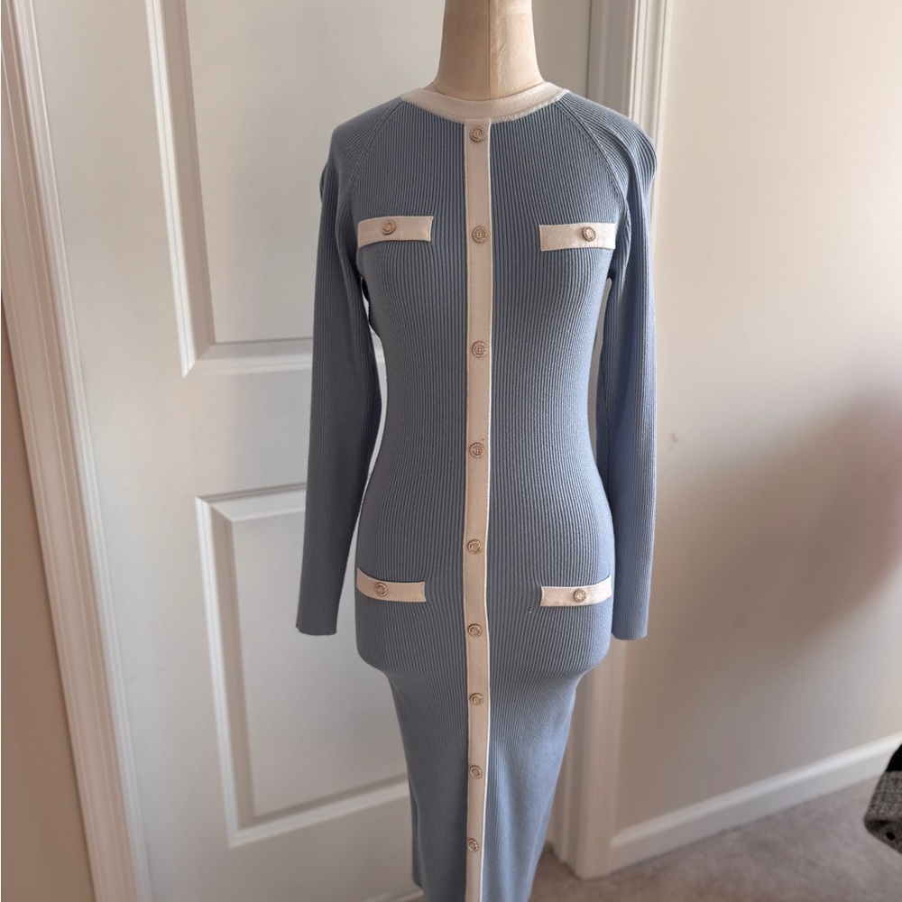 Elegant Long Sleeve Blue Dress with White Accents
